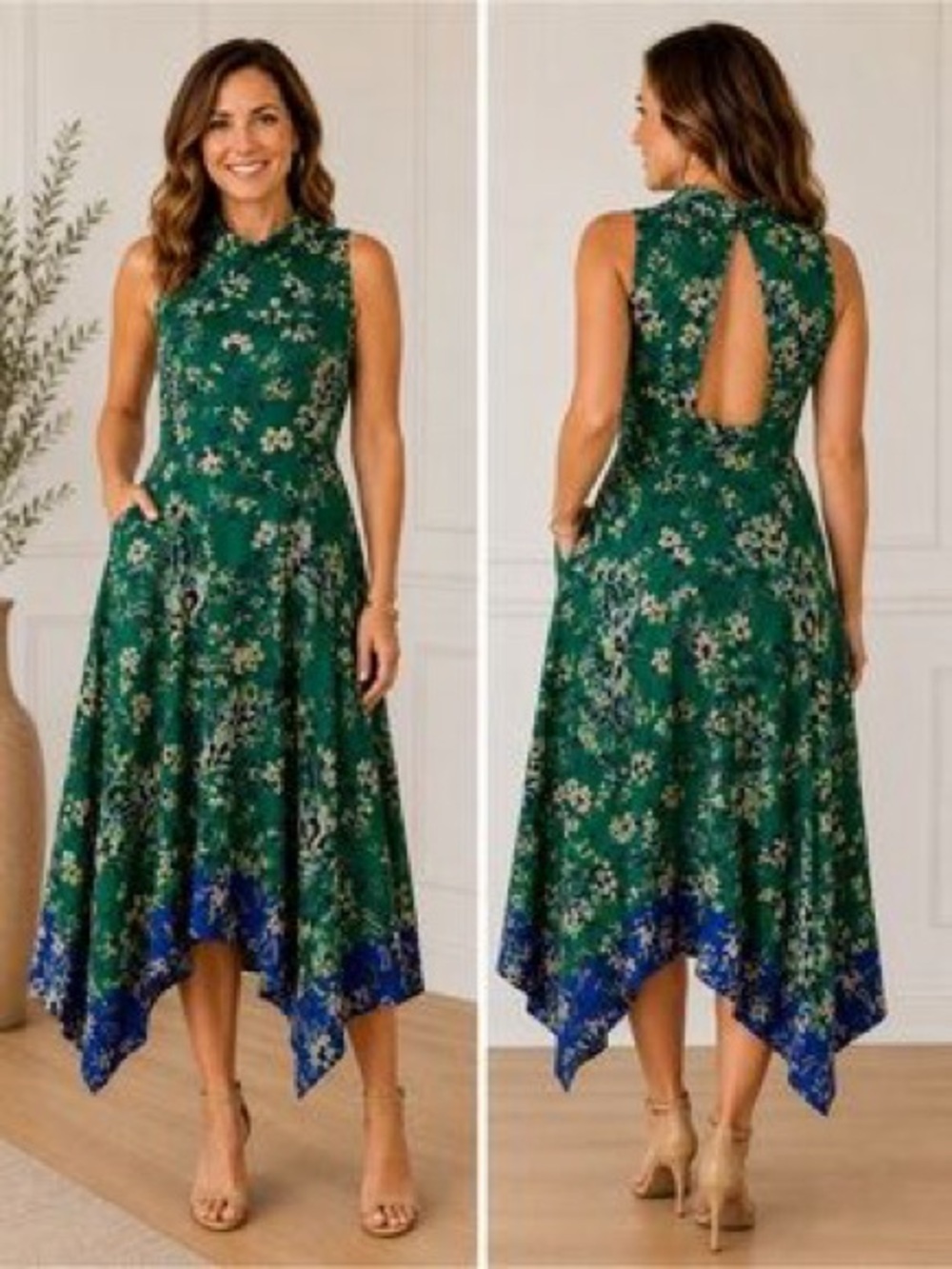 Vince Camuto Green Floral High-Low Dress with Blue Hem